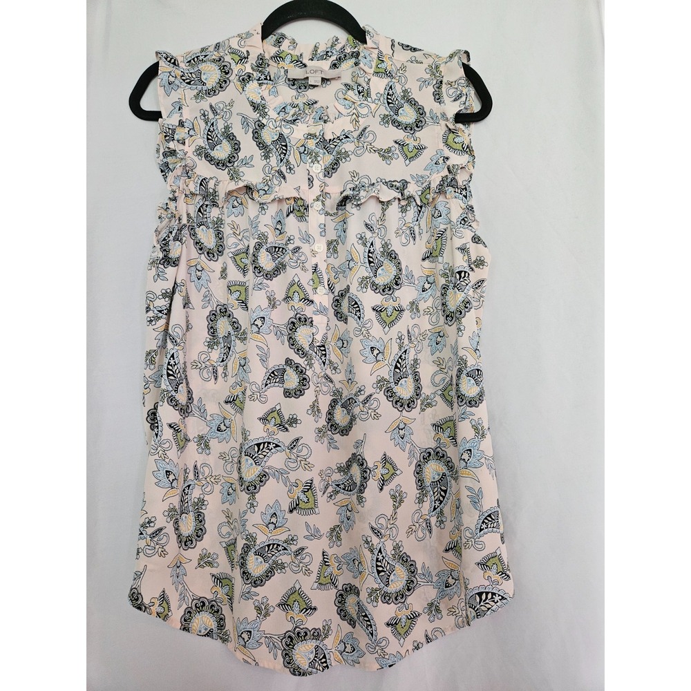 Ann Taylor LOFT Boho Print Paisley Blush HighNeck Top L Ruffle Trim Sleeveless